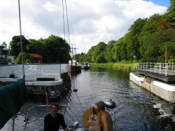 Myself and Ben in the cockpit leaving the first swing bridge behind.