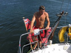 Ben coming in from a swim - we did eventually get him to admit how cold it was.