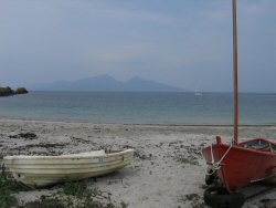 The beach in front of the Gallanaich farm. The isalnd of Rum is in the distance.